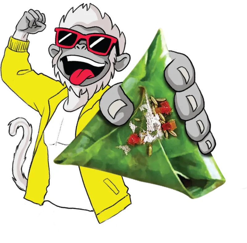 The Awara langur in red shades holding a Banarasi paan